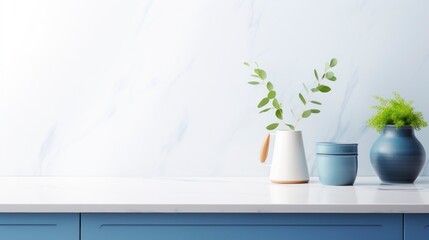 White marble countertop with indoor plant and vase