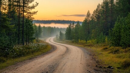 Obraz premium A winding dirt road through a forest with fog in the background at sunrise.