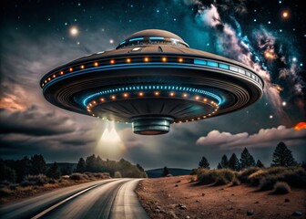 Futuristic UFO Spaceship in Cartoon Style with Copy Space for Text