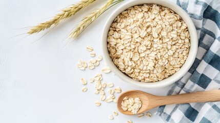 A bowl of raw oats with a wooden spoon, scattered oats, and wheat stalks on a white background.