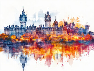 Fototapeta premium Watercolor Painting of Gothic Cityscape with Clock Tower
