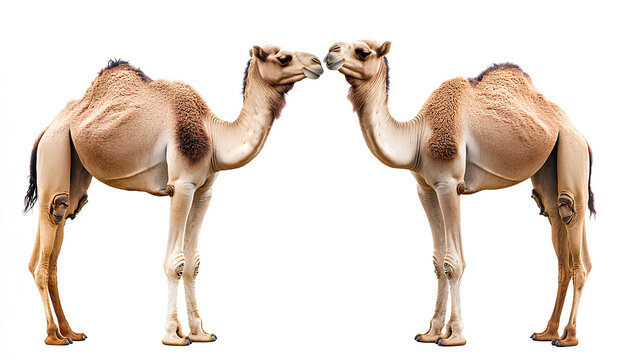 Two camels standing facing each other with their heads almost touching.