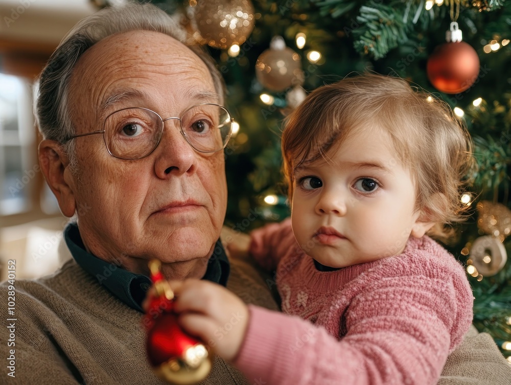 Wall mural grandparents and grandchildren decorate christmas tree together, creating lasting holiday memories, 