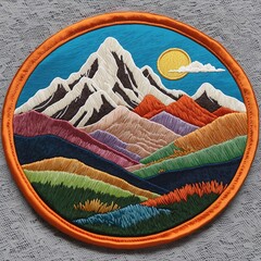 Mountain Scene Emblem: Crafted Patchwork Travel Badge