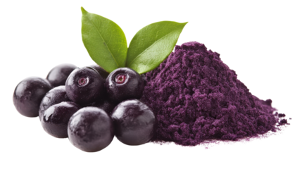 Fresh acai berries and powder with green leaves on white background. Perfect for healthy food, supplements, and antioxidant-rich diets.