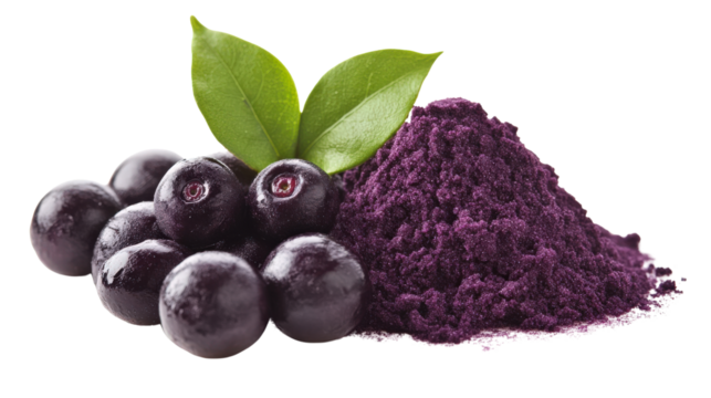 Fresh acai berries and powder with green leaves on white background. Perfect for healthy food, supplements, and antioxidant-rich diets.