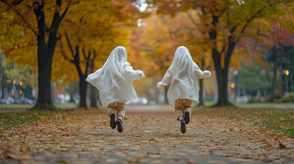Fototapeta premium Two children dressed as ghosts run through a park during autumn.