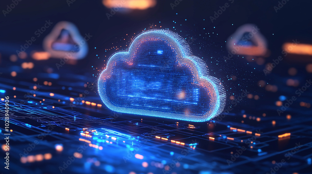 Poster cloud computing:digital informational technology web futuristic hologram with cloud icon, golden blu