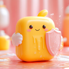 3D icon character a yellow and orange soap dispenser with a face on it 