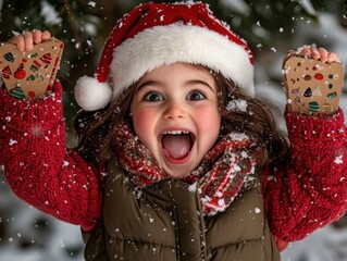 Little Girl Jumps with Joy Opening Advent Calendar, Wearing Santa Hat, Christmas Spirit, Holiday...