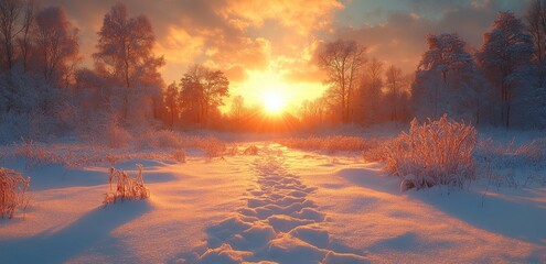 Stunning sunset at winter mountains landscape. A ski resort in the Alps on a snowy day. Winter greeting card.