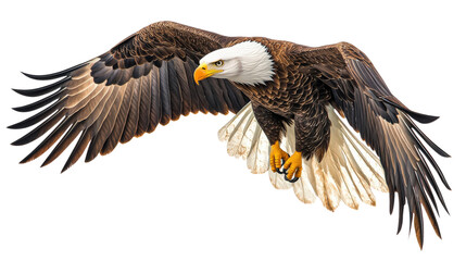 Obraz premium Majestic bald eagle soaring with wings extended, capturing the essence of freedom and strength in flight against a clear sky.