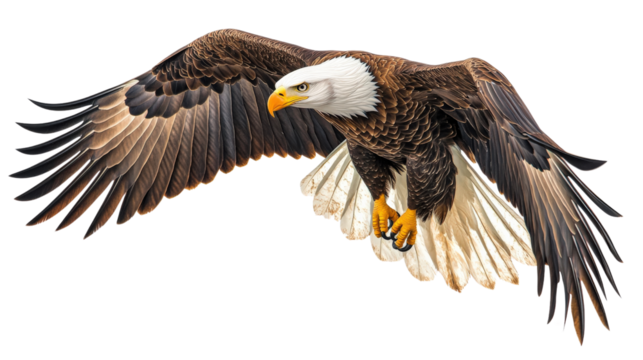 Majestic bald eagle soaring with wings extended, capturing the essence of freedom and strength in flight against a clear sky.