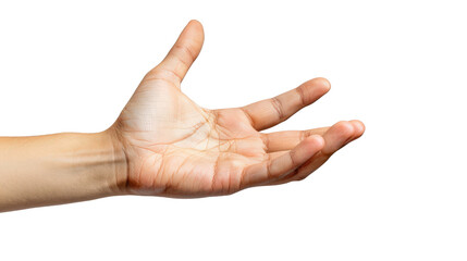 Open human hand reaching out on isolated white background. Symbolizing offering, help, and communication in a close-up, side view image.