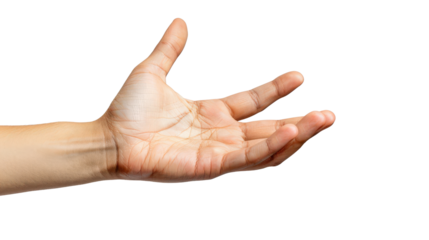 Open human hand reaching out on isolated white background. Symbolizing offering, help, and communication in a close-up, side view image.