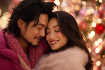 Romantic Couple Cuddling by a Glowing Christmas Tree, Exchanging Gifts, Warmth, Cozy Holiday Celebration