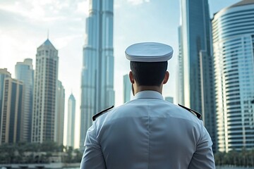 Navy officer admires dubai's skyline with burj khalifa, reflecting modern architecture in the water, under a clear sunny sky, capturing travel and urban energy