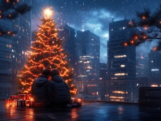 Fototapeta premium Romantic Couple Sharing Gifts by a Glowing Christmas Tree in a Snowy Cityscape, Perfect for Holiday Greetings and Winter Romance
