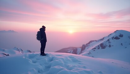 A lone hiker stands on a snowy mountain peak at sunrise, symbolizing resilience and perseverance.