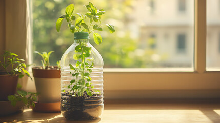 Thriving plant grows inside recycled plastic bottle, placed on sunlit windowsill, showcasing sustainable gardening.