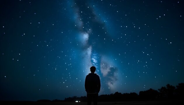 Silhouette under starry sky symbolizes introspection and cosmic connection.