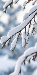 Obraz premium Snow-covered pine branch in a serene winter landscape.