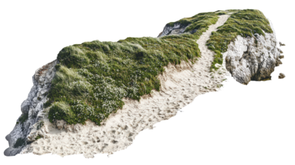 Scenic path leads through grassy dunes on a sandy cliff, with lush greenery and a clear blue sky backdrop. Perfect for nature and travel themes.