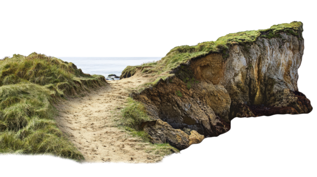 Scenic coastal path leading along a cliff edge with lush green grass and a sandy trail, overlooking the tranquil sea.