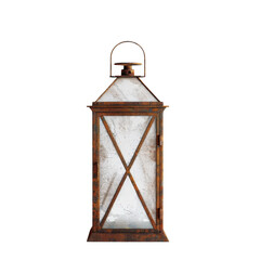 Vintage lantern with rusted metal and glass panels, perfect for rustic decor or outdoor lighting in garden settings.