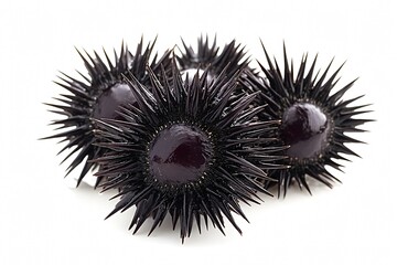 Several fresh sea urchins are lying on a white background, with their black spikes standing out against the neutral backdrop