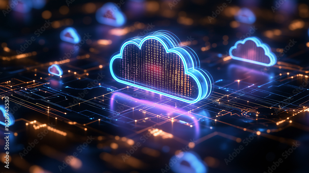 Poster cloud computing:digital informational technology web futuristic hologram with cloud icon, golden blu