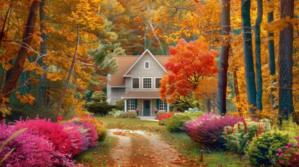 Obraz premium A cozy cottage with a red roof sits beside a vibrant autumn tree under a bright blue sky with fluffy clouds