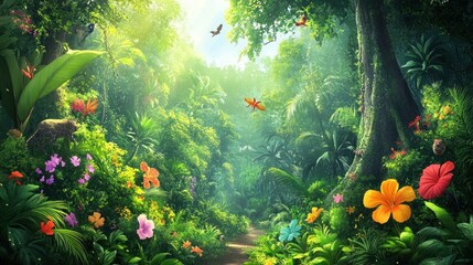 A lush, green jungle with a path leading through the dense foliage, sunlight filtering through the canopy, and colorful flowers and butterflies.