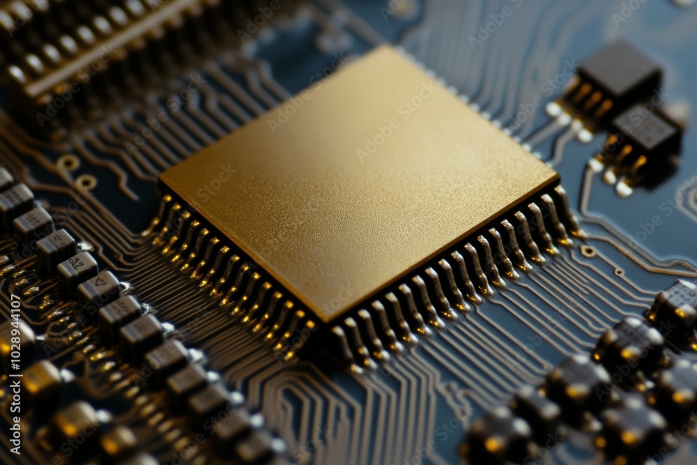 Poster this is a close-up of the computer cpu on the motherboard's background, with the socket, the connect
