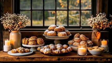 Fototapeta premium Festive cookies and treats beautifully arranged on rustic table, surrounded by candles and decorative flowers, creating warm and inviting atmosphere