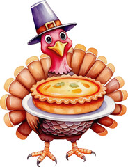 Watercolor illustration of a cartoon turkey bird in a hat holding a pumpkin pie for Thanksgiving day holiday