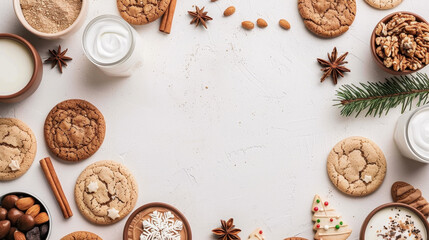 Fototapeta premium Festive Christmas cookies and treats arranged on light background create warm and inviting atmosphere. Perfect for holiday celebrations and gatherings