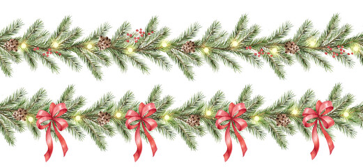 Watercolor decorative seamless border. Christmas red bows, green branches, garland with lights and pine cones. 