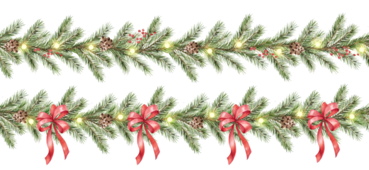 Watercolor decorative seamless border. Christmas red bows, green branches, garland with lights and pine cones. 