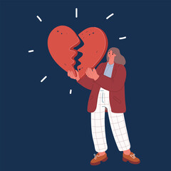 Cartoon vector illustration of a woman holding a broken heart, symbolizing emotional pain, heartbreak, or loss over dark background