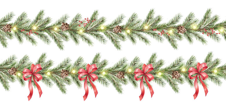Watercolor decorative seamless border. Christmas red bows, green branches, garland with lights and pine cones. - Powered by Adobe