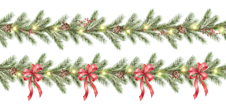 Watercolor decorative seamless border. Christmas red bows, green branches, garland with lights and pine cones. 