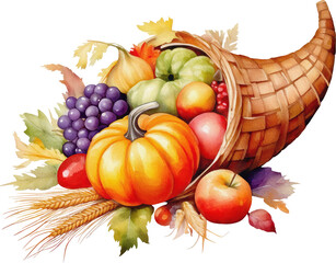 Watercolor illustration of thanksgiving hornof plenty, cornucopia