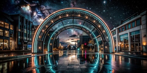 Obraz premium Glowing Neon Archway and Platform at Night - Futuristic Urban Landscape
