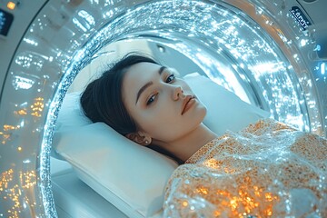 Young woman is undergoing a medical procedure while lying inside a magnetic resonance imaging machine at a modern hospital