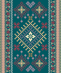 Pixel ethnic seamless pattern. Cross stitch embroidery pattern. Abstract background, Design for fabric, curtain, carpet ,scarf, rug. pixel textile fabric illustration vector. Knitted 