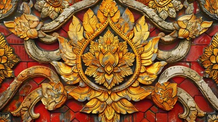 Obraz premium Intricate Thai Motifs in Wood Carving Artwork