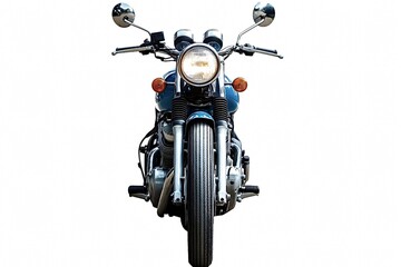 Powerful blue motorcycle standing on a white background, showing front view of chrome handlebars, headlight, front tire, and engine