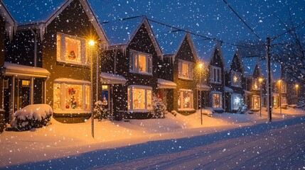 A row of houses with Christmas lights in the windows, illuminated by streetlights, on a snowy night.