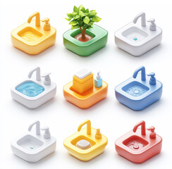 3D Icon Set Featuring Essential Handwashing Items for Global Handwashing Day Awareness Campaign